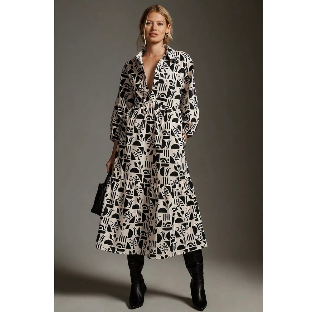 Anthropologie Maeve Bettina Tiered Shirtdress, black & cream, size L, EUC